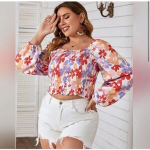 Shein Curvy Size 1X Purple Pink Floral Smocked Crop Top NWOT Long Sleeve Blouse